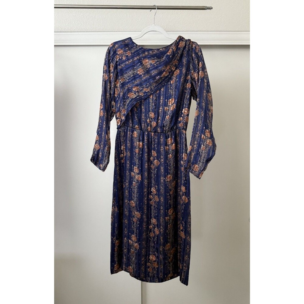 Vintage Floral Draped Midi Dress – Navy Blue / Rust - Size S